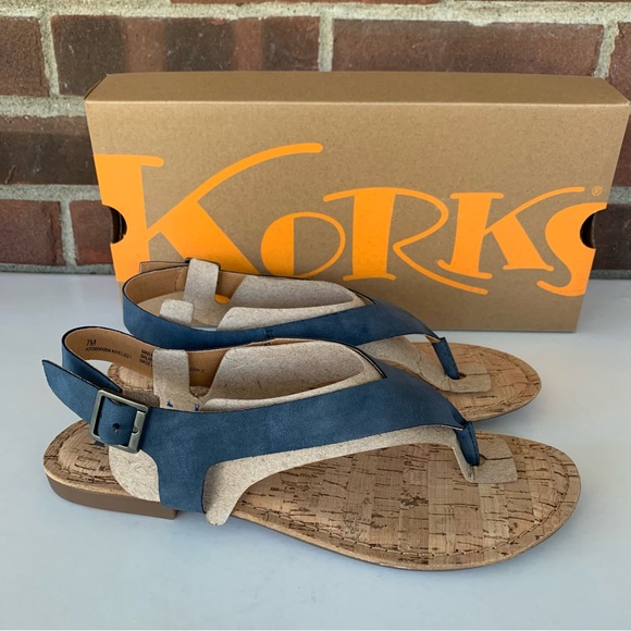 KorkEase Shoes Korks Skylar Navy Blue Faux Leather Flat Heel Thong